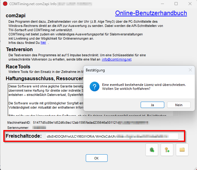 Eingabe Freischaltcode