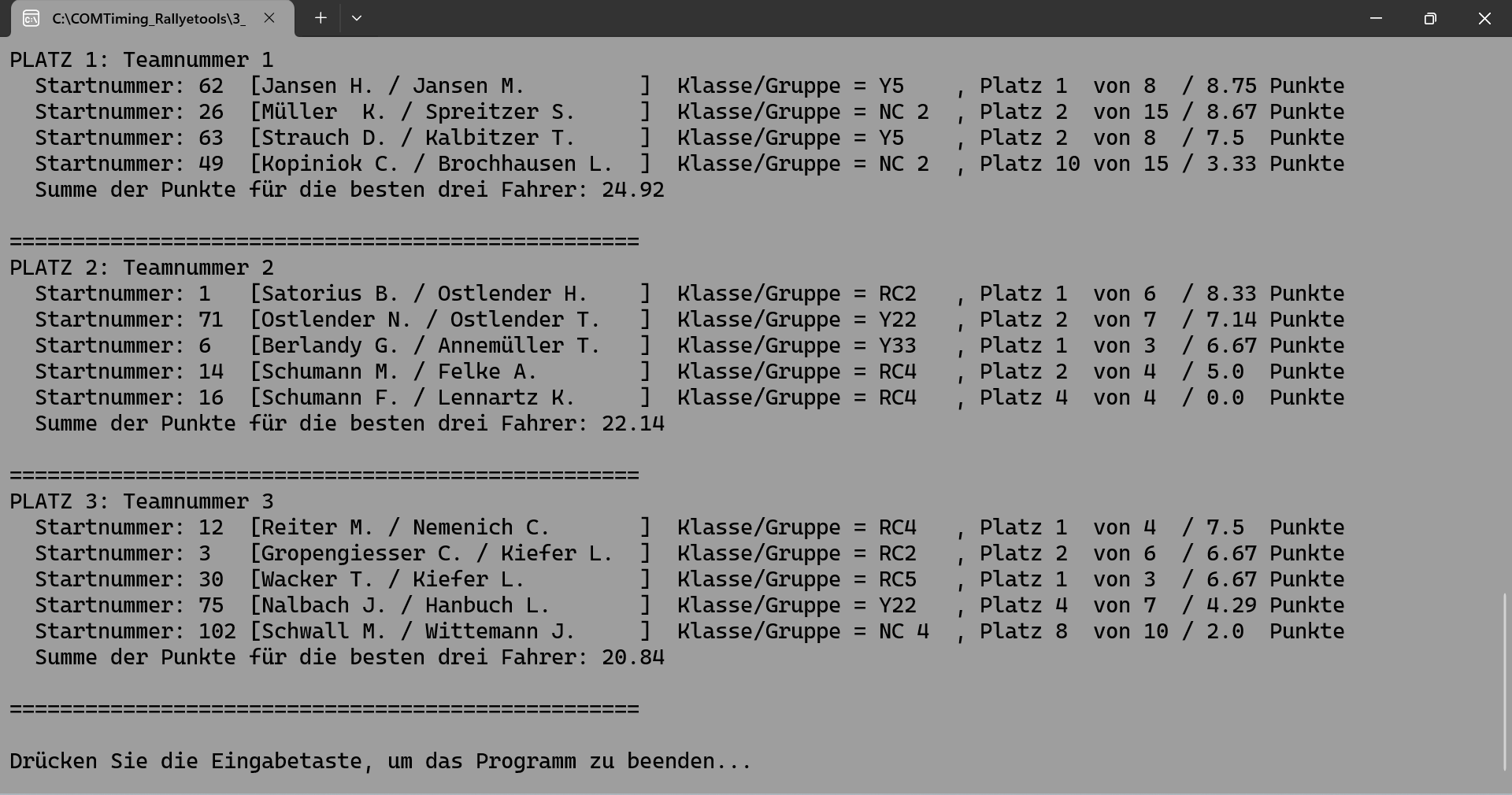 RallyeTools - Mannschaftsergebnisse